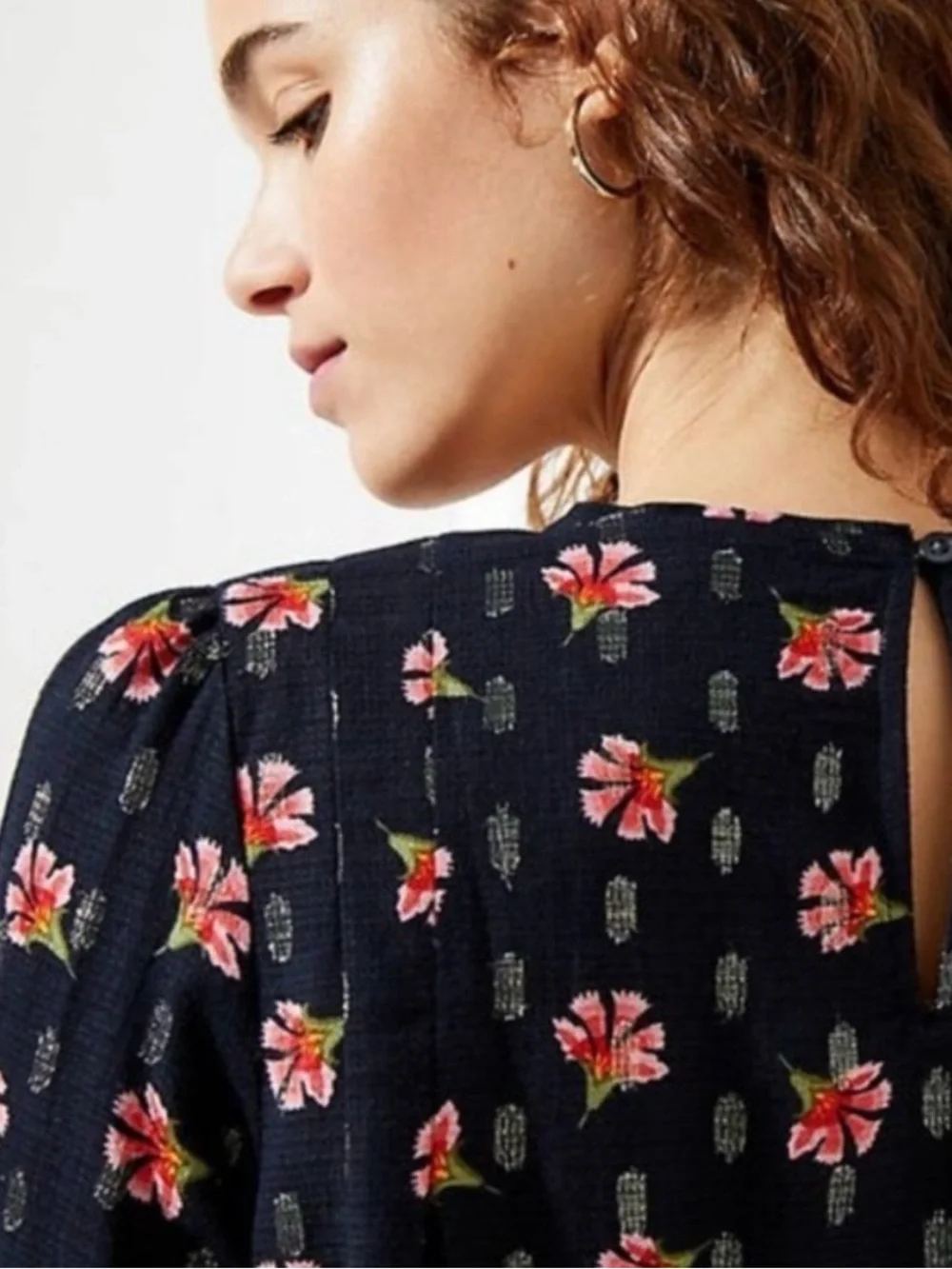 Loft Floral Print Long Puff Sleeve Blouse - Black